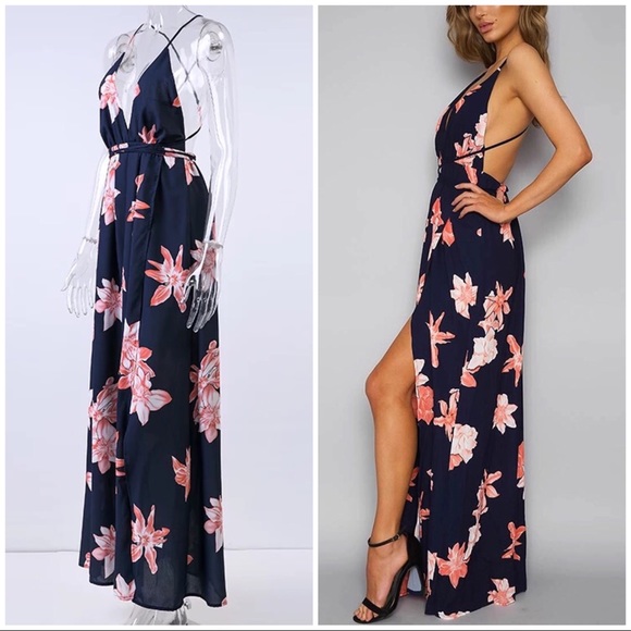 Navy and pink lily maxi dress restocked! - Picture 2 of 6